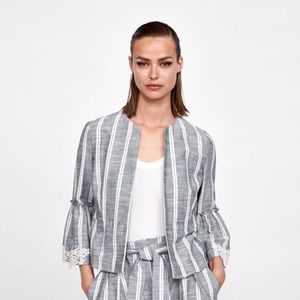 Zara Grey Blue White Striped Embroidered Blazer Lace Long Sleeved Size XS